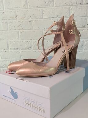 Fairly Robin Rose Gold Pointed Block Heel Pumps with Ankle Straps